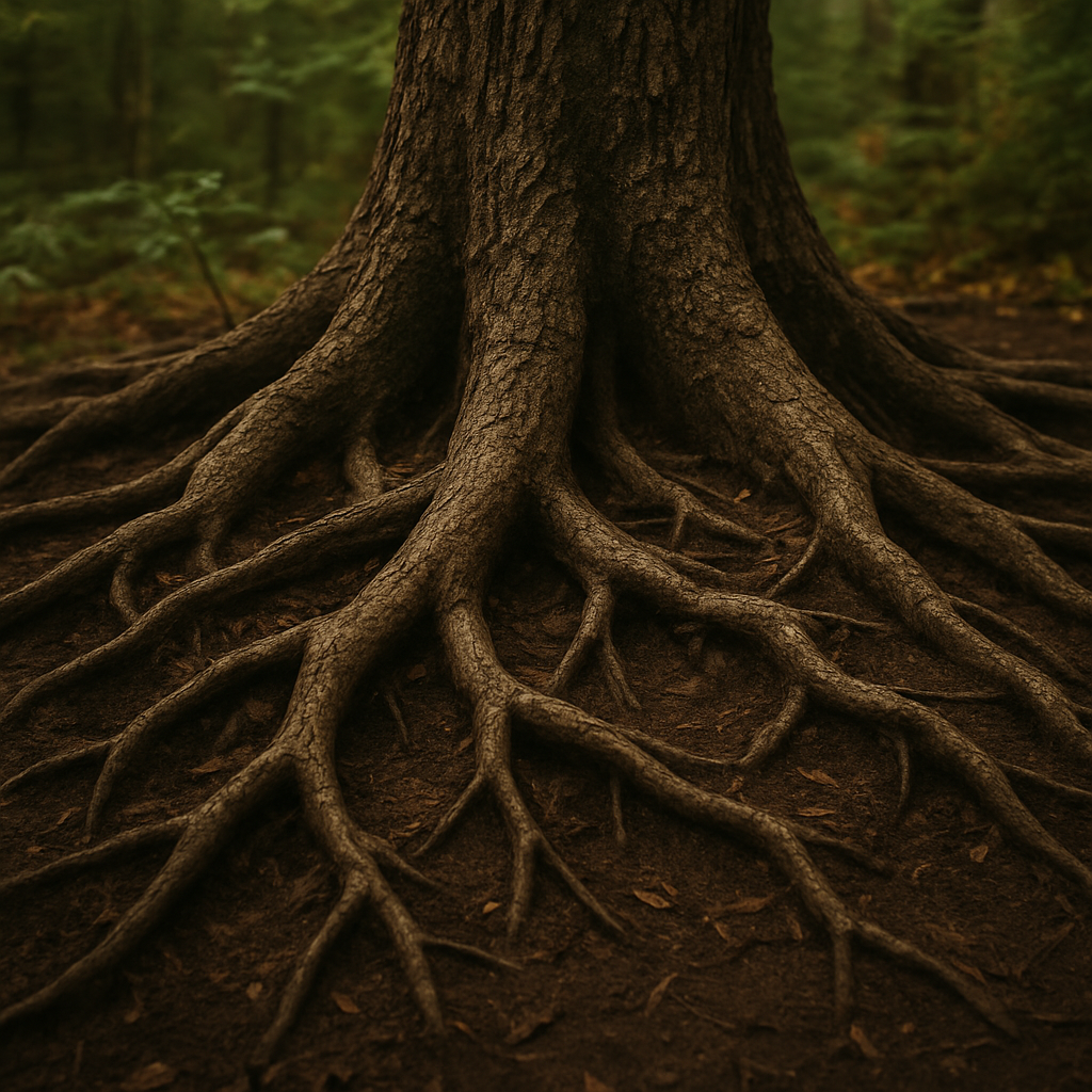 Racines d'arbre profondément ancrées dans la terre, symbole de solidité et d'enracinement